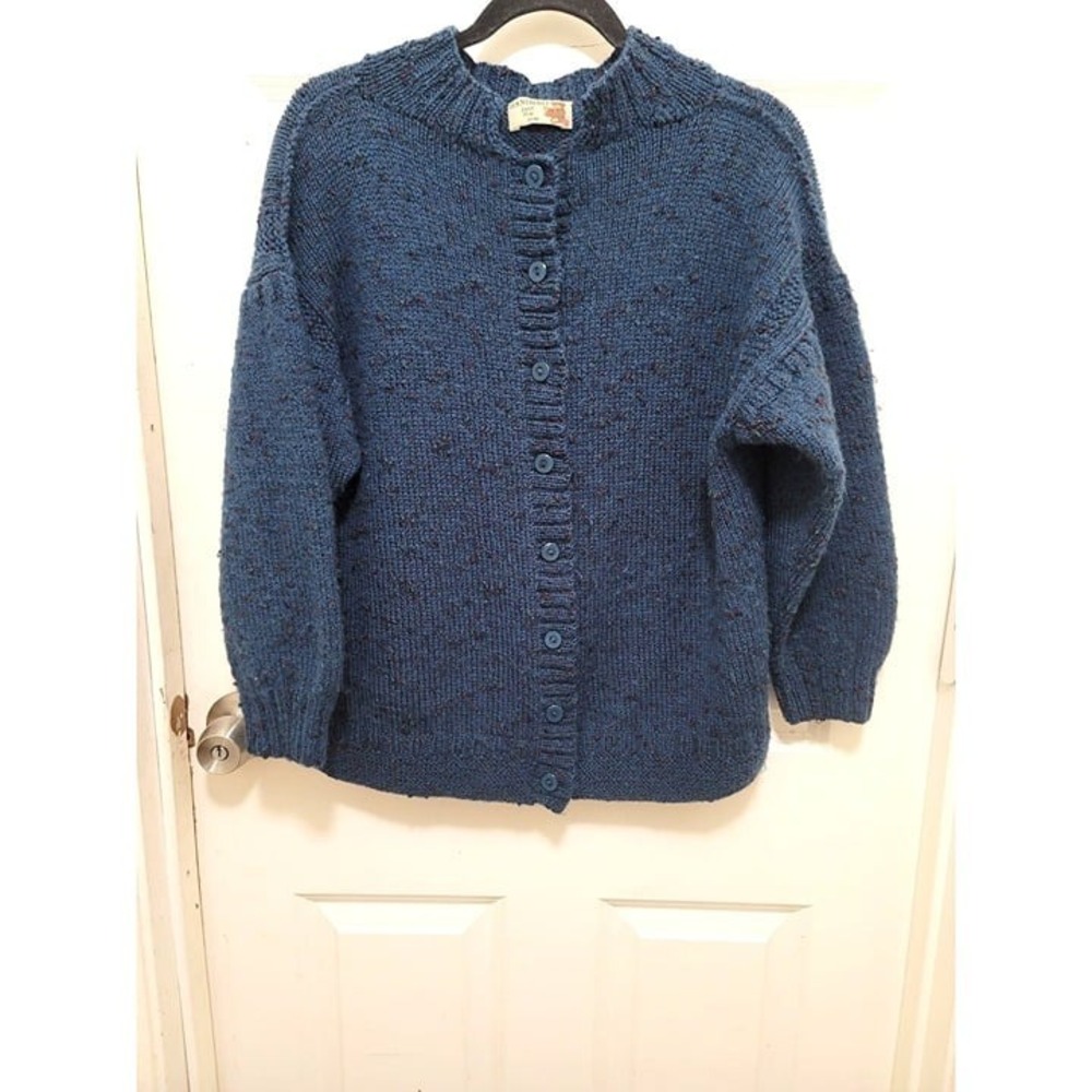 Handmade Blue Wool Button-Up Cardigan Sweater Ribbed‎ Hem & Cuffs Preppy Granp